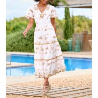 Druckkleid m.  Zierperlen-Stickerei, weiß-camel