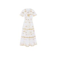 Druckkleid m.  Zierperlen-Stickerei, weiß-camel