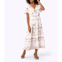 Druckkleid m.  Zierperlen-Stickerei, weiß-camel
