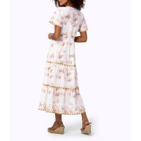 Druckkleid m.  Zierperlen-Stickerei, weiß-camel