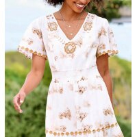 Druckkleid m.  Zierperlen-Stickerei, weiß-camel