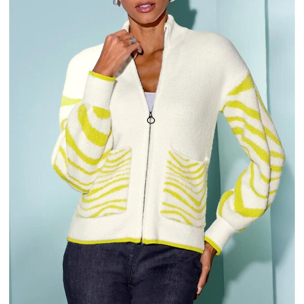 Jacquardstrickjacke, ecru-limone