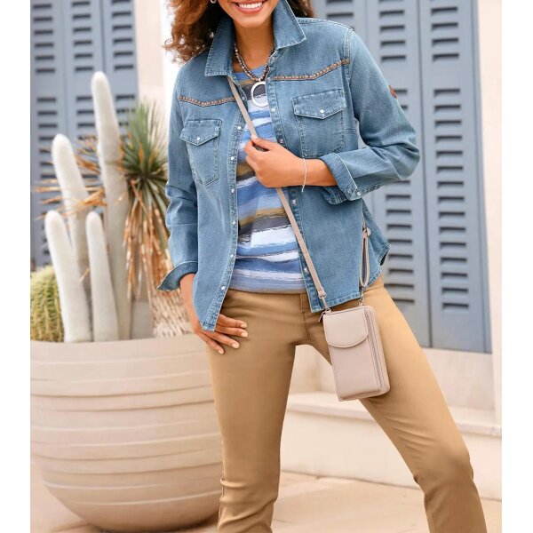 Denim blouse with decorative seams, blue-bleached