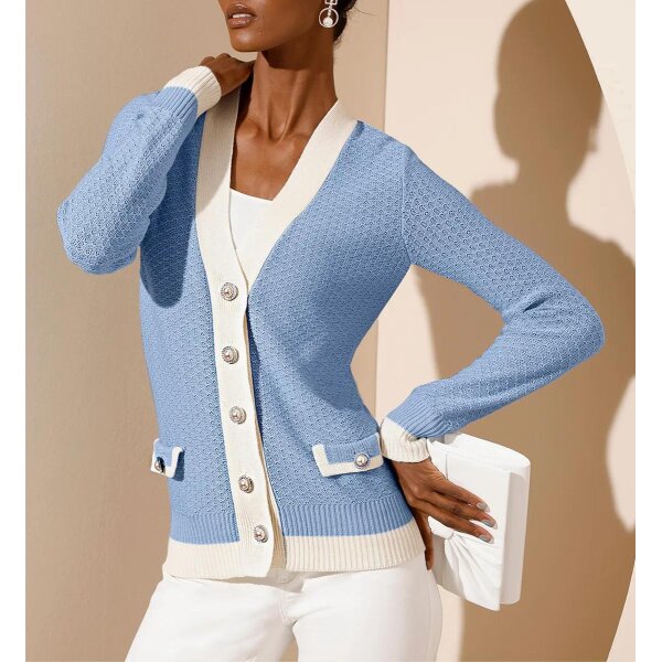 Cardigan m. Zierperlen-Knopfleiste, eisblau-vanille
