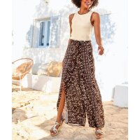 Crêpe-Druckhose m. langem Schlitz, rotbraun-champagner