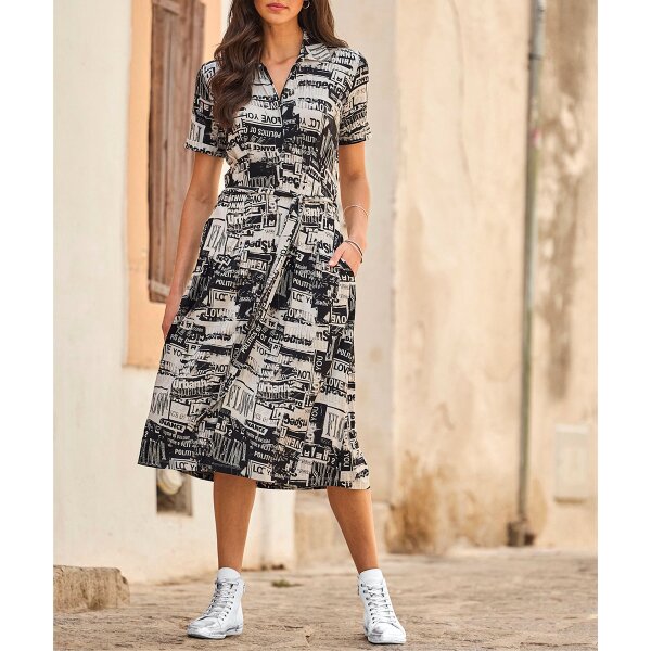 Jerseykleid m. Hemdkragen, schwarz-weiß-bedruckt