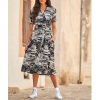 Jerseykleid m. Hemdkragen, schwarz-weiß-bedruckt