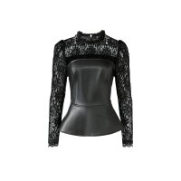Bluse aus Lederimitat und Spitze, schwarz