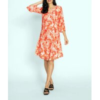 Druckkleid m. Volants, orange-ecru