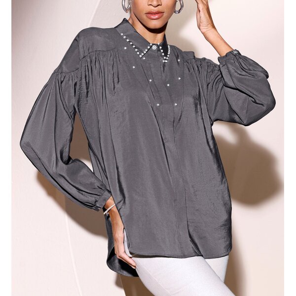 Oversized-Bluse m. Glitzersteinchen, anthrazit