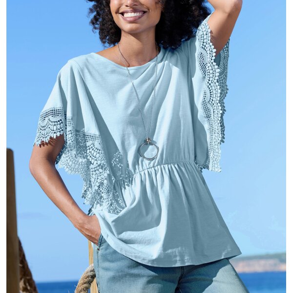 Fledermausshirt m. Crochet-Spitze, hellblau