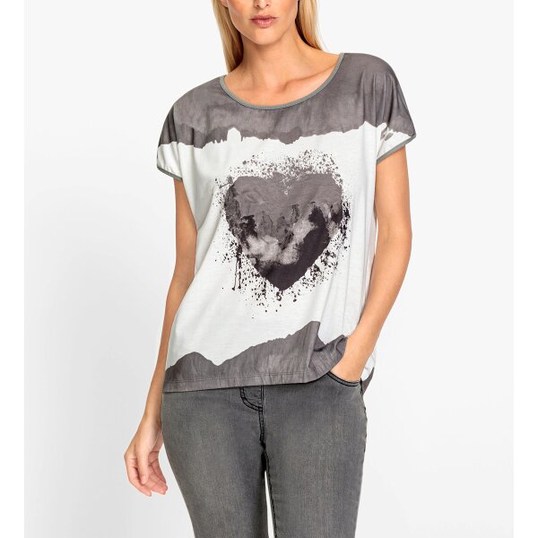 Printed shirt with heart motif, grey-ecru