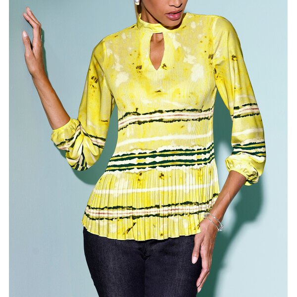 Plissee-Bluse, limone-ecru-bedruckt