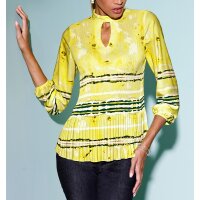 Plissee-Bluse, limone-ecru-bedruckt