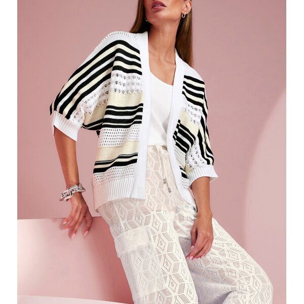 Ajour Open-Knit Cardigan with Stripes, ecru-black