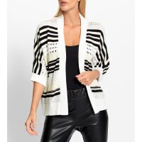 Ajour Open-Knit Cardigan with Stripes, ecru-black