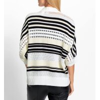 Ajour Open-Knit Cardigan with Stripes, ecru-black