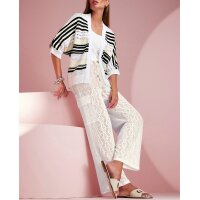 Ajour Open-Knit Cardigan with Stripes, ecru-black