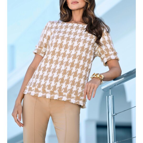 Bouclé blouse w. houndstooth pattern, ecru-camel