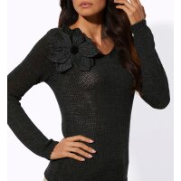Ajourpullover m. 3D-Blüte, graphit