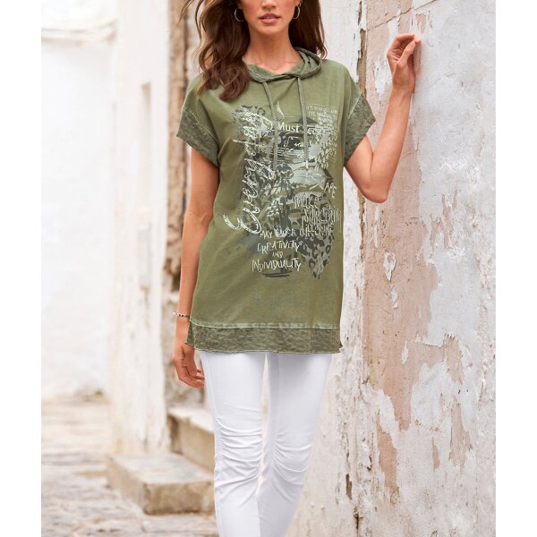 Koszulka w stylu oil-dyed, z kapturem, khaki