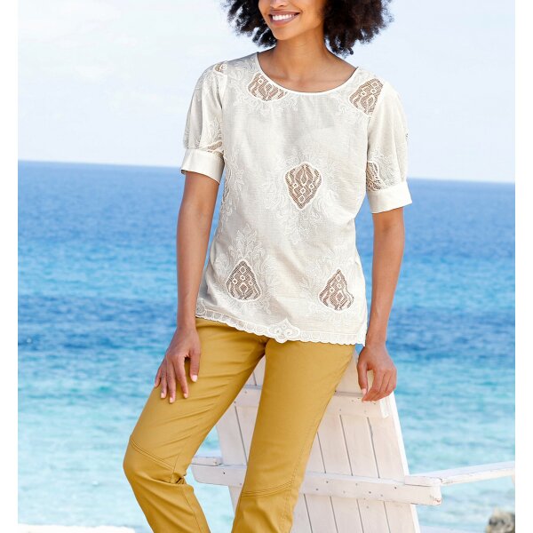 Blouse with transparent inserts and embroidery, champagne