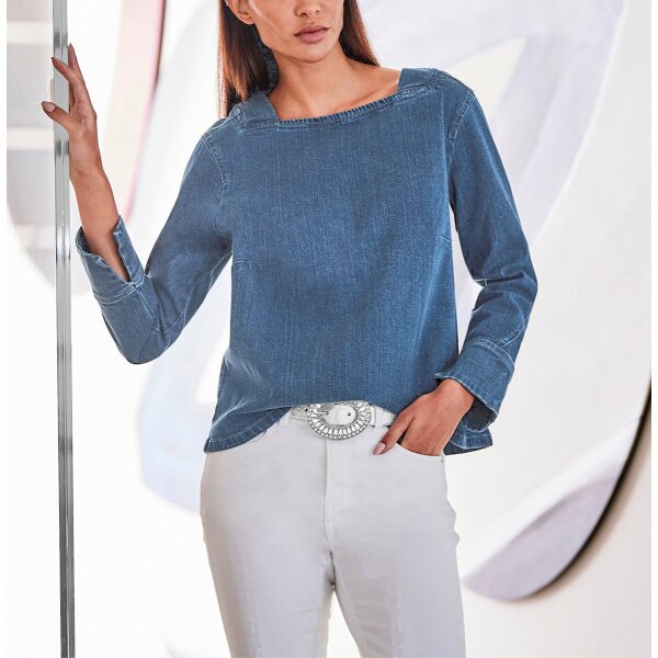 Jeansbluse mit Carré-Ausschnitt, blue-stone-washed