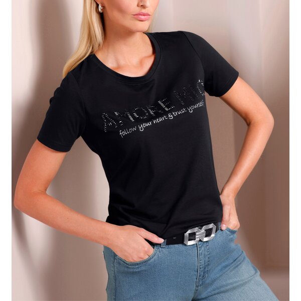 Shirt with lettering and decorative rhinestones, black