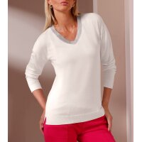 Sweter z błyszczącymi kamyczkami przy dekolcie V, ecru
