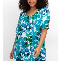 Shirt with cut-out and pearls, turquoise patterned