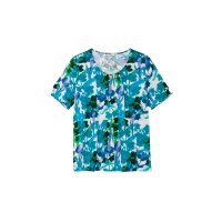 Shirt with cut-out and pearls, turquoise patterned