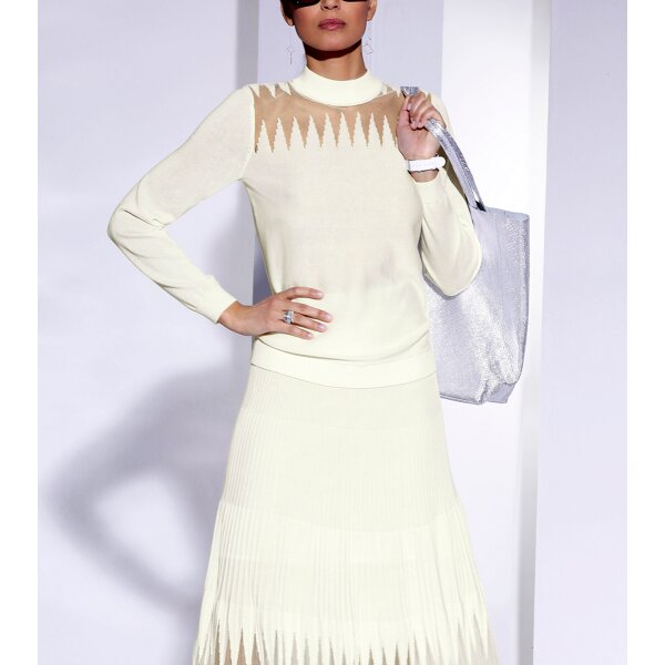 Fine Knit Pullover with Stand-Up Collar and Mesh Pattern, ecru