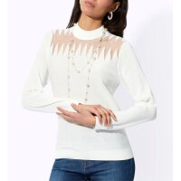 Fine Knit Pullover with Stand-Up Collar and Mesh Pattern, ecru