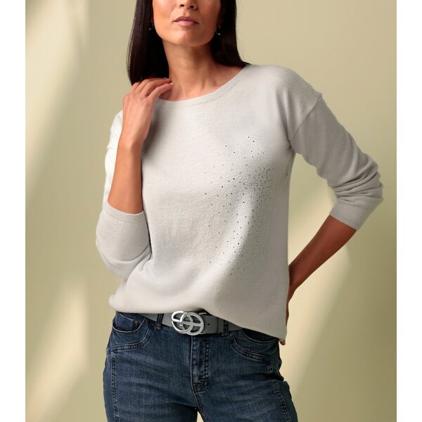 Pullover with lettering and glitter stones, light grey marl