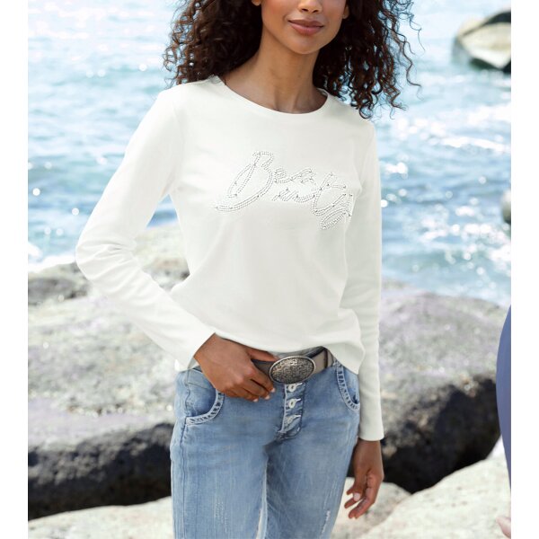 Sweatshirt m. Schriftzug und Zierperlen, ecru