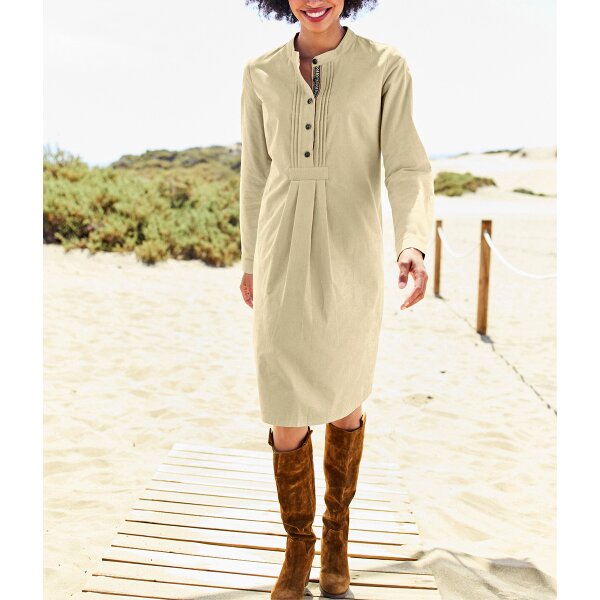 Cord-Kleid m. Kellerfalten, Biesen und Zierband-Applikationen, sand