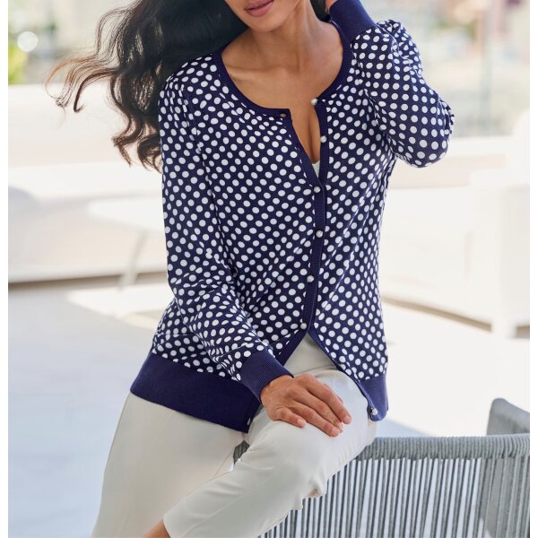 Strickjacke m. Puffärmeln, marine-ecru-getupft