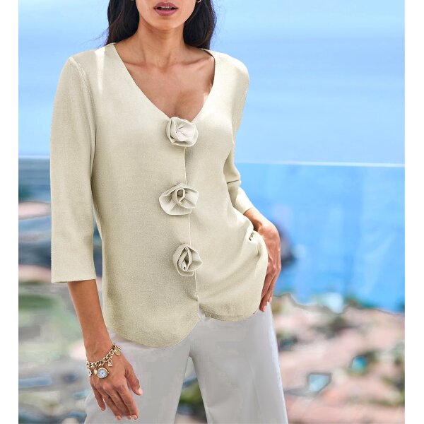 3/4 sleeve cardigan with floral appliqué, ecru-gold