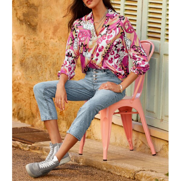 Satin print blouse, fuchsia-strawberry