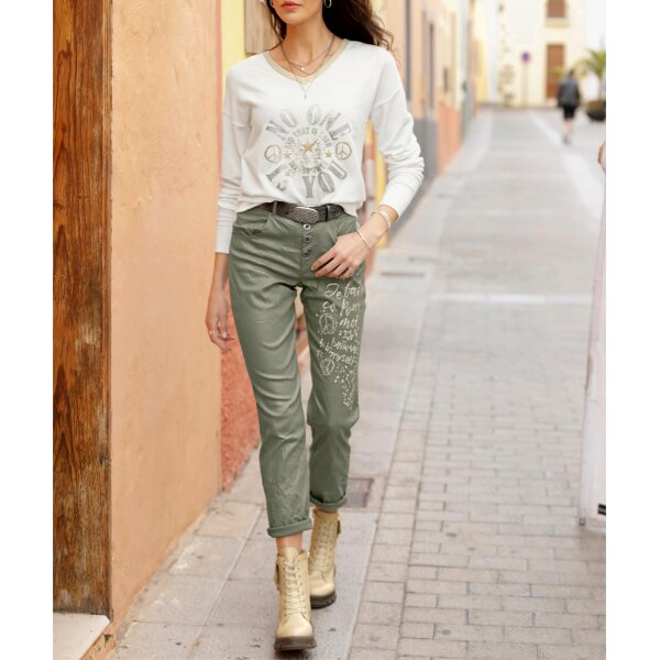 Spodnie z bengaliny z efektem crinkle i napisem, khaki