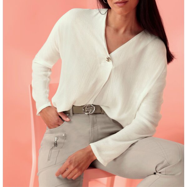 Long-sleeve blouse with batwing sleeves and decorative button, ecru