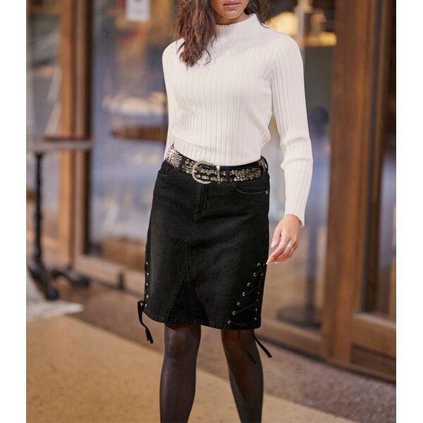 5-pocket denim skirt in used wash with decorative lacing, black