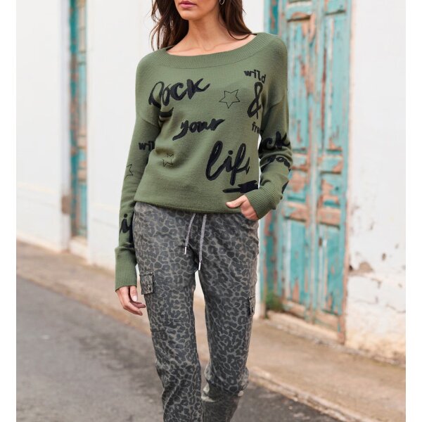 Sweter z napisem i gwiazdkami we flokowym nadruku, khaki