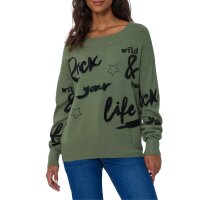 Sweter z napisem i gwiazdkami we flokowym nadruku, khaki