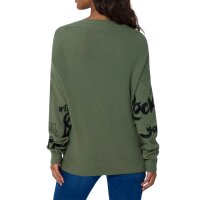 Sweter z napisem i gwiazdkami we flokowym nadruku, khaki