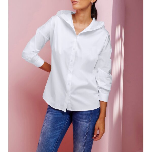 Long-sleeve stretch blouse with hood, white