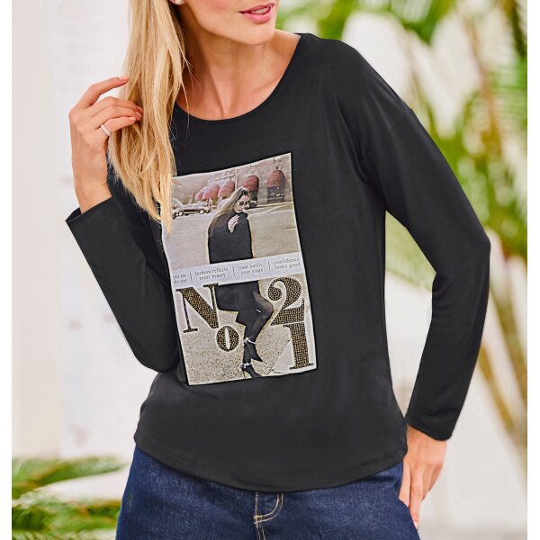 Long-sleeve shirt with print and glitter stones, black
