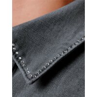 Denim dress with glitter stones on the shirt collar and tie belt, light grey denim