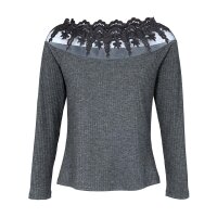 Long-sleeve shirt with lace trim at the boat neckline, grey