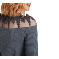 Long-sleeve shirt with lace trim at the boat neckline, grey